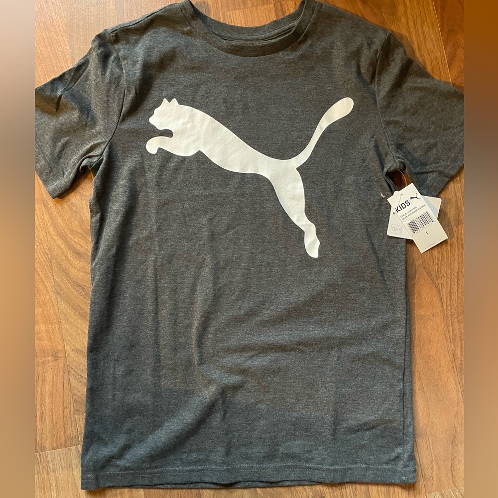 Boys girls Puma Kids large t shirt grey white - Picture 1 of 3